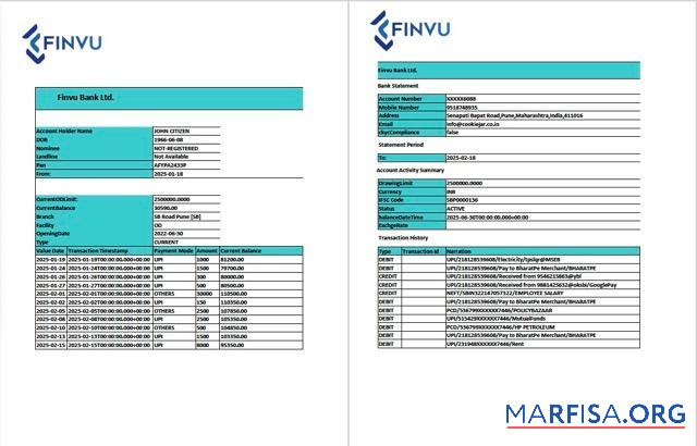 Downloadable India Finvu bank Ltd. account statement word 2 pages template